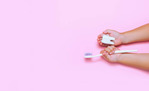 istock Child's hands holding big tooth and toothbrush 1001002592