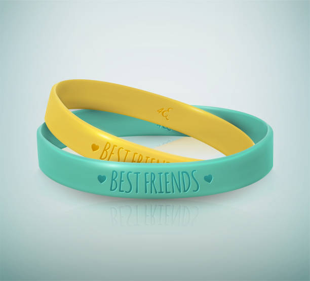 Happy Friendship Day. Realistic yellow and turquoise rubbers friendship bracelets for best friends. Beautiful greeting card for holiday and celebration friends day. Vector illustration forever friends stock illustrations