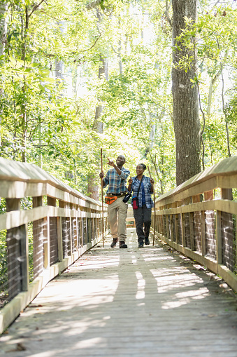 A senior African-American couple in their 70s enjoying the outdoors, hiking in a park. They are walking together over a footbridge surrounded by trees and lush foliage.