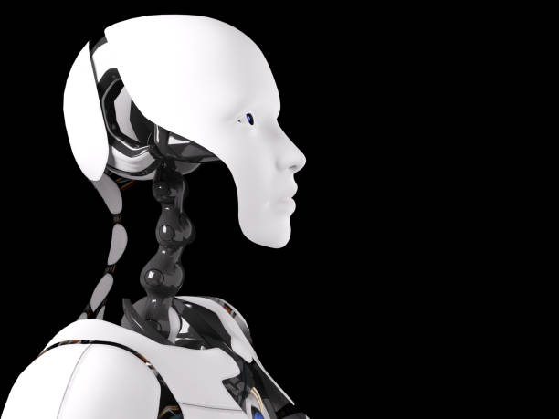 istock 3D rendering of female robot head. 1001013916
