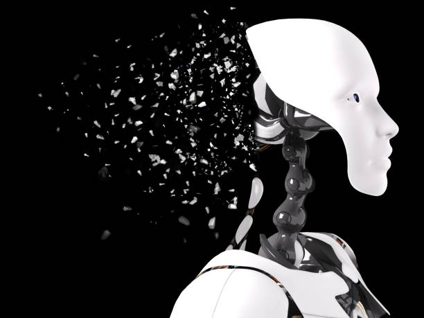 istock 3D rendering of female robot head that shatters. 1001013920