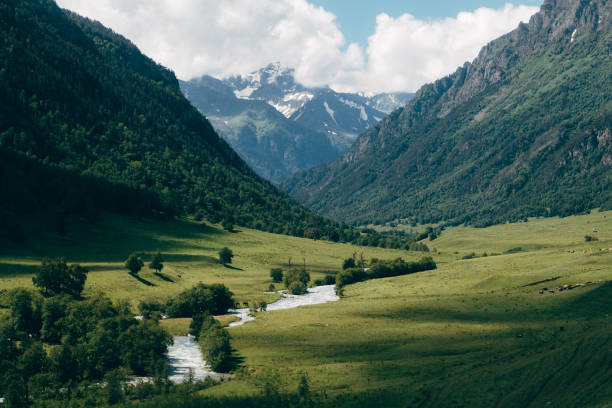 istock green mountain valley landscape with blue sky and white clouds. Deep shadows lies on a meadow 1001030004