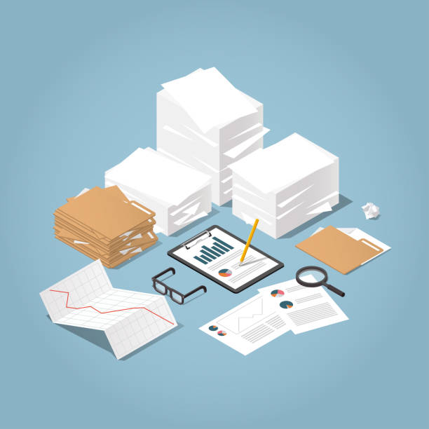 Isometric Paper Work illustration Vector isometric illustration of working with documents. Big stacks of paper and folders with glasses, documents, charts, magnifier.  Analysing and researching creative process concept. stack of papers stock illustrations