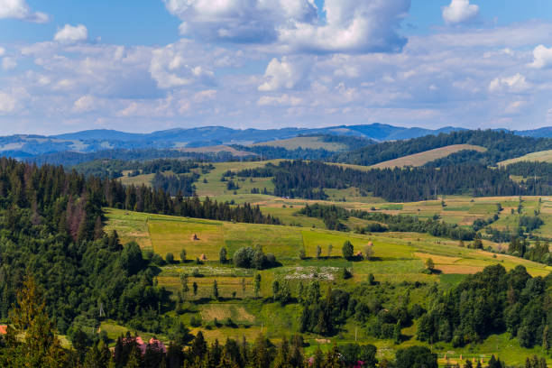 istock Mountain plots and colorful fields against a blue sky with white clouds 1001084768