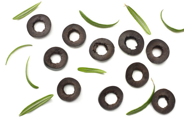 istock Marinated black olives with rosemary isolated on white background. top view 1001085348