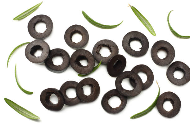 istock Marinated black olives with rosemary isolated on white background. top view 1001085472