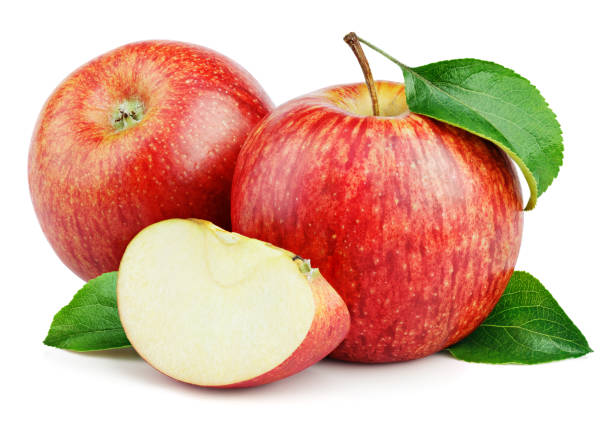 istock Ripe red apples with slice and leaves isolated on white 1001099130