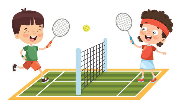 illustrazioni stock, clip art, cartoni animati e icone di tendenza di illustrazione vettoriale di kid playing tennis - tennis child sport cartoon