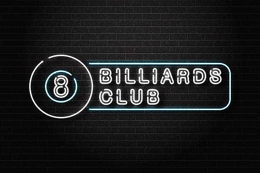 Vector realistic isolated neon sign for billiards logo for decoration and covering on the wall background. Concept of game sport and billiards club.
