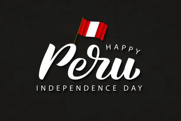 Vector illustration of Vector isolated handwritten lettering for 28th July Independence Day in Peru with origami flag for decoration and covering on the dark background.
