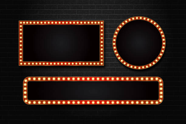 Vector set of realistic isolated retro rectangle neon marquee billboard for decoration and covering on the wall background. Concept of cinema and broadway. Vector set of realistic isolated retro rectangle neon marquee billboard for decoration and covering on the wall background. Concept of cinema and broadway. sign stock illustrations