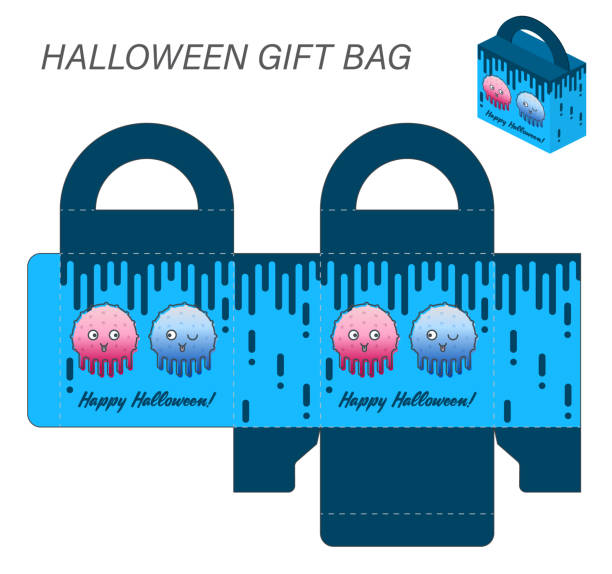ilustrações de stock, clip art, desenhos animados e ícones de template paper gift box with handles for halloween sweets. monsters pink and blue bacteria on blue background with blue inserts with happy halloween inscription. vector - gift box packaging drawing illustration and painting