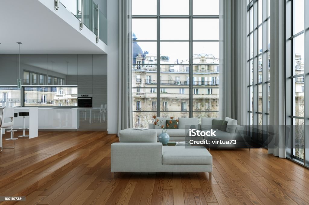 Modern Bright Loft With Big Windows Interior Design Stock Photo ...