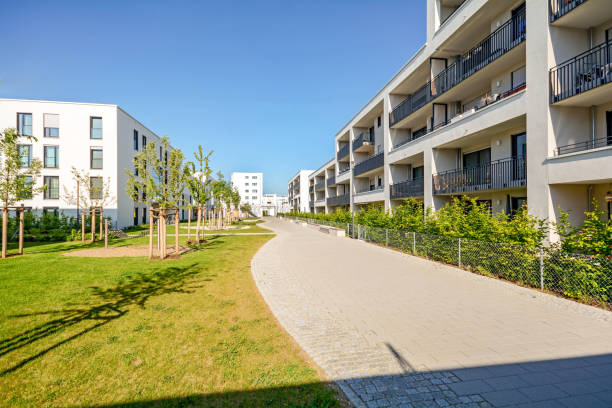 new modern apartment buildings in a residential complex in the city - madrid built structure house spain imagens e fotografias de stock