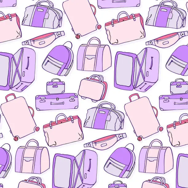 Vector illustration of Luggage pattern. Baggage accessories suitcase, bum bag, travel gear, briefcase, duffle, backpack texture. Vector summer surface print