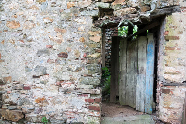 Old House Doors with brick stone wall