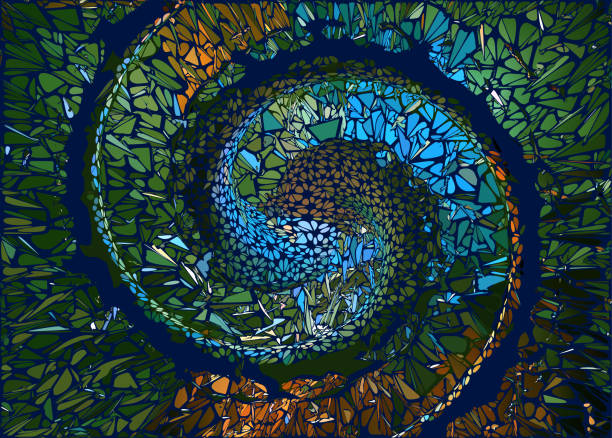 Abstract colorful shatter spiral background Abstract fancy spiral blob shape with fluorescence green and orange color tone on dark background spiral rock stock illustrations