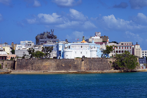 La Fortaleza (The Fortress) is the official residence of the Governor of Puerto Rico in Old San Juan.  View from the harbor of San Juan.