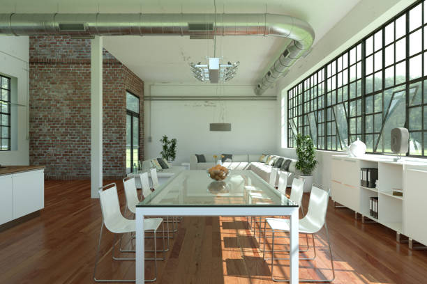 istock modern bright loft interior design with white living and dining room 1001136630