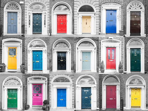 Colourful Dublin doors on black and white walls