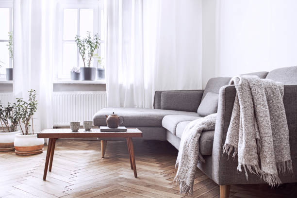 Stylish scandinavian interior of living room with small design table and sofa. White walls, plants on the windowsill. Brown wooden parquet. Stylish and modern scandinavian interior. blanket stock pictures, royalty-free photos & images