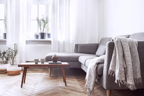 Photo of Stylish scandinavian interior of living room with small design table and sofa. White walls, plants on the windowsill. Brown wooden parquet.