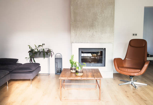 istock Modern and beautiful home interior with design sofa, wooden table and fireplace. Bright and sunny living room with plants and brown wooden floor. 1001154224