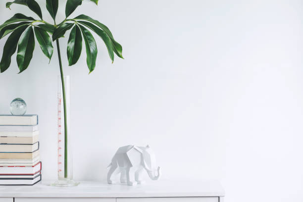 istock The white stylish interior with copy space, tropical leafs, white elephant figure and books on the shelf. Modern composition of white space.. 1001156652
