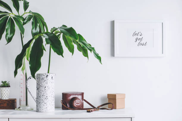 Interior of white home space with mock up poster frame, tropical leaf and vintage camera. Scandinavian white cupboard concept.