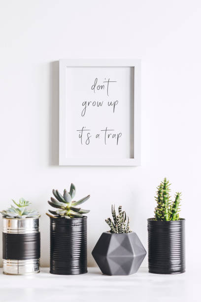 istock Scandi interior filled a lot of modern cacti in different pots on the white cupboard whit mock up poster frame.. Compostion of home interior. 1001156692