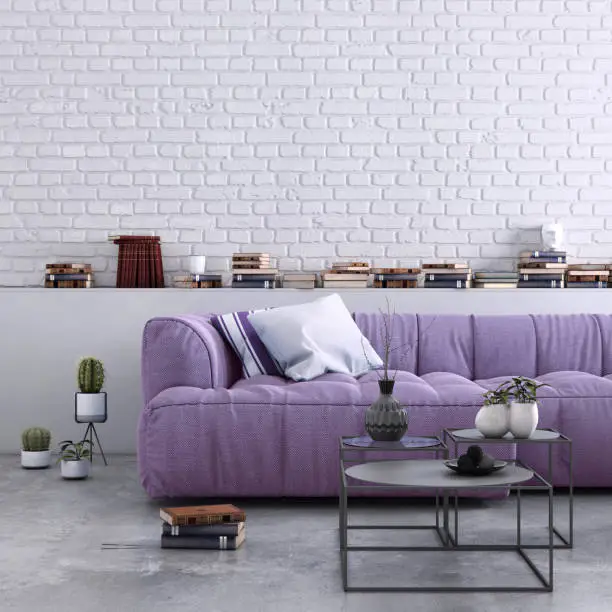 Home apartment interior, living room with large sofa, lots of decor and elements, plant, vase, coffee table, carpet, pastel colors with many elements around. lots of pillows, modern contemporary hipster style interior. copy space wall for designers