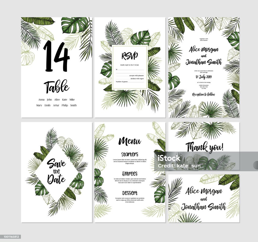 Colección de la boda tropical. Invitaciones con Palma hojas. Plantillas vectores dibujados (guardar el menú fecha, RSVP, gracias tarjeta) de la mano. Ideal para impresiones, carteles, invitaciones, tarjetas, etcetera - arte vectorial de Clima tropical libre de derechos