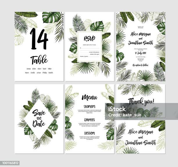 Collection De Mariage Tropical Invitations Avec Palm Leaves La Main Des Modèles Dessinés Vectoriels Parfait Pour Les Estampes Affiches Invitations Cartes De Vœux Etc Vecteurs libres de droits et plus d'images vectorielles de Tropical