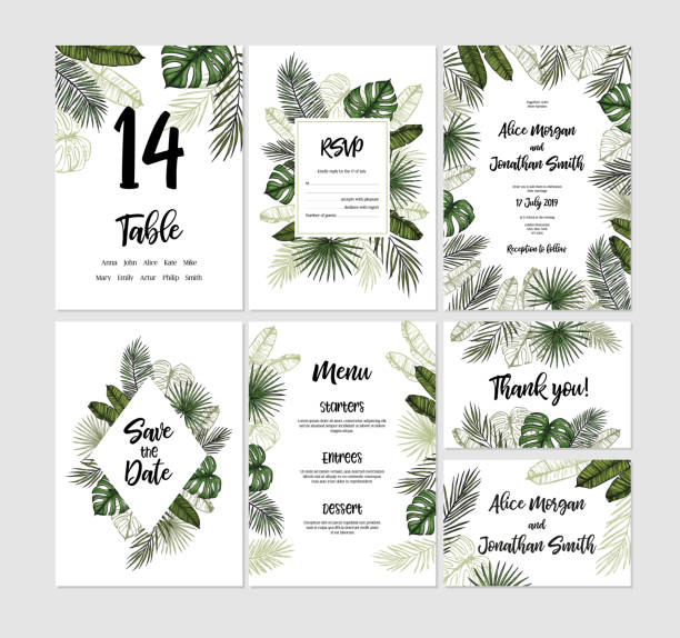 Tropical wedding collection. Invitations with palm leaves. Hand drawn vector templates (Save the date, RSVP, menu, Thank you card). Perfect for prints, posters, invitations, greeting cards etc Tropical wedding collection. Invitations with palm leaves. Hand drawn vector templates (Save the date, RSVP, menu, Thank you card). Perfect for prints, posters, invitations, greeting cards etc areca palm tree stock illustrations