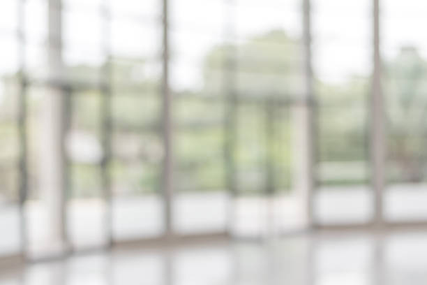 istock Blur background interior view looking out toward to empty office lobby and entrance doors and glass curtain wall 1001166218