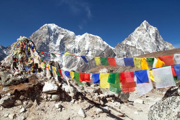 istock prayer flags and Nepal Himalayas mountains 1001168204