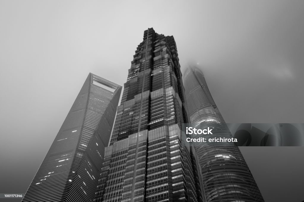 Shanghai HirisesB/W Shanghai high rise buildings at night Architecture Stock Photo