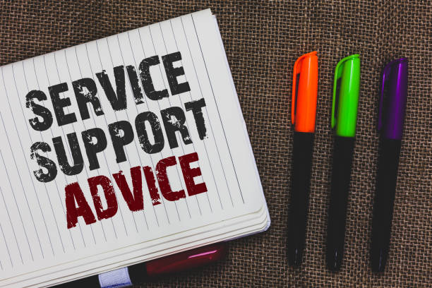 istock Text sign showing Service Support Advice. Conceptual photo providing help to others in verbal or action way Open notebook page jute background colorful markers Expressing ideas. 1001171516