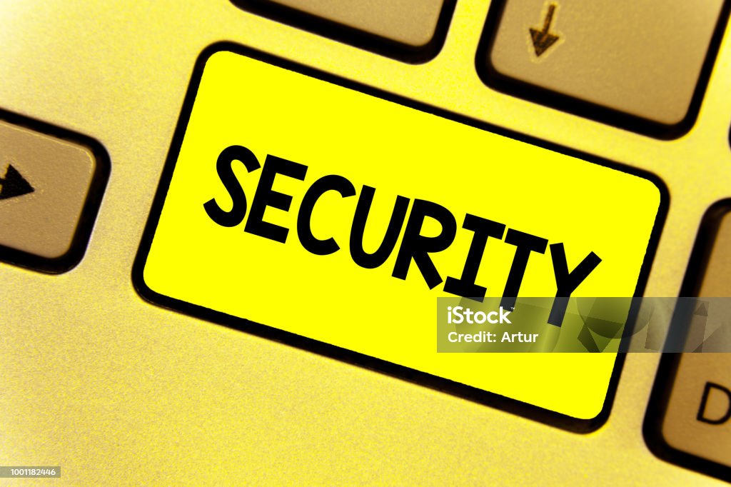 Writing note showing Security. Business photo showcasing The state of feeling safe stable and free from fear or danger Keyboard yellow Intention create computer computing reflect document. Writing note showing Security. Business photo showcasing The state of feeling safe stable and free from fear or danger Keyboard yellow Intention create computer computing reflect document Bail Stock Photo