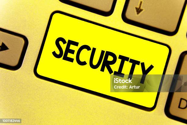 Writing Note Showing Security Business Photo Showcasing The State Of Feeling Safe Stable And Free From Fear Or Danger Keyboard Yellow Intention Create Computer Computing Reflect Document Stock Photo - Download Image Now