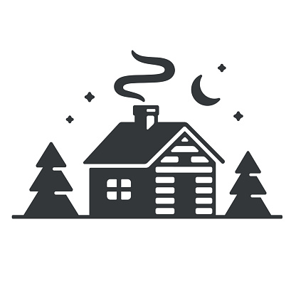 Log cabin in woods icon. Simple wooden cottage at night, vector illustration.