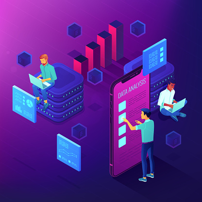 Dedicated team working on a project isometric concept. Business anlyst, front end and beck end developers implementing features. Software development on ultraviolet background. Vector 3d illustration.