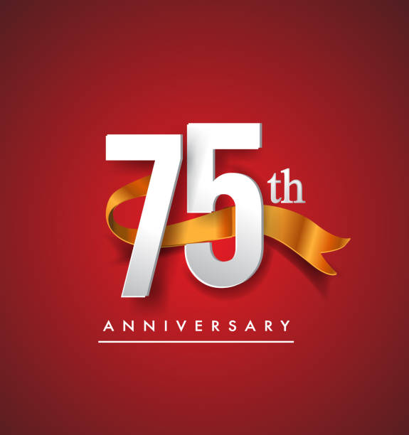 Anniversary design with golden ribbon isolated on red elegance background 75th anniversary logotype with golden ribbon isolated on red elegance background, vector design for birthday celebration, greeting card and invitation card. 75th anniversary stock illustrations