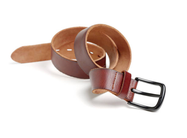 brown leather belt  on white background - waistband imagens e fotografias de stock