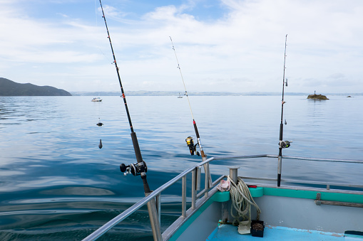 Cañas de pescar en un charter de barcos en el mar en extremo del norte districto, Northland, Nueva Zelanda, Nueva Zelanda photo