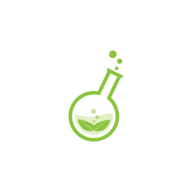 green lab  vector design green leaf symbol in natural research laboratory bottle chemical formula stock illustrations