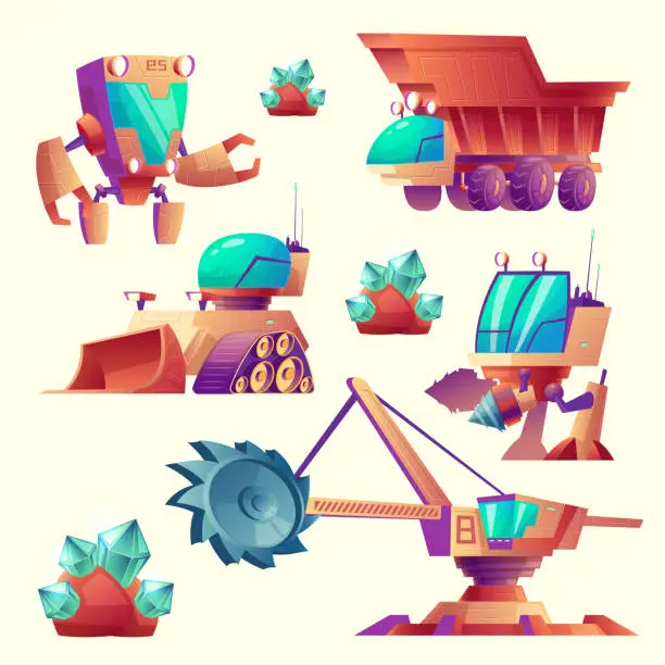 Vector illustration of Vector cartoon alien mining machinery for planets