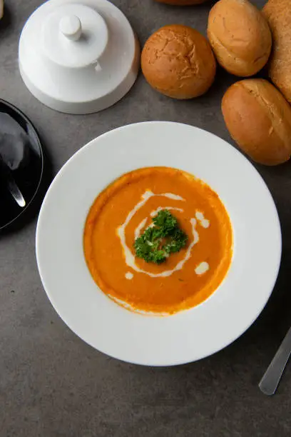 tomato soup on a bowl flat lay