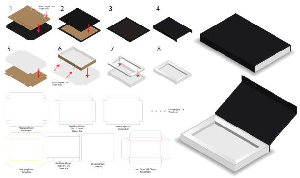 ilustrações de stock, clip art, desenhos animados e ícones de magnet lock rigid box 3d mockup with dieline - magnetic storage