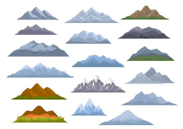 ilustraciones, imágenes clip art, dibujos animados e iconos de stock de montañas de diversa historieta conjunto, aislados ilustración de vector gráfico - montaña
